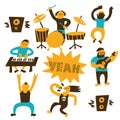 Vector illustration of musicians, rock singer and dancing people.. Music festival, concert concept. Phrase Yeah.