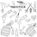 Vector Illustration Of Musketeer Meal, Hand Drawn Sketch Of Food In France. Wine, Meat And Cheese. Musketeer Swords And Hats.