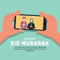 vector illustration of a Muslim man and a Muslim woman wearing a hijab greeting each other to say happy Eid al-Fitr, but with Royalty Free Stock Photo