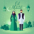 Vector illustration of muslim offering namaaz for Eid. Ramadan Kareem background with people.