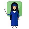 Vector illustration of muslim teacher near school desk in national clothes