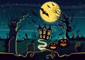 Vector illustration of mystery house with pumpkin lanterns and creatures decorated for Halloween. Halloween card with