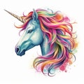 An vector illustration of a mythical unicorn, with a rainbow-colored mane and horn, against a white background. Printable design