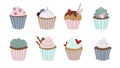 Vector illustration natural appetizing cupcakes on white background. Set homemade cakes with various fillings cartoon Royalty Free Stock Photo