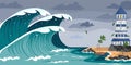 Vector illustration natural disaster. Cartoon landscape with tsunami that moves to the island with lighthouse and boat