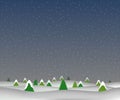 Vector illustration of nature landscape in night winter. Pine trees landscape with snowfall in the night. Design for winter theme