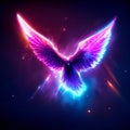 Vector illustration of a neon glowing angel wings on a dark background. AI Generated