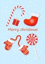 Vector illustration of New Year and Christmas card with mittens, gift sock, red gift and candies and sweets. Text can be Royalty Free Stock Photo