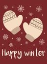 Vector illustration for New Year and Christmas. Hand-drawn cartoon image of a beige-colored mittens and snowflakes on a red backgr Royalty Free Stock Photo