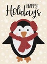 Vector illustration for New Year and Christmas. Hand-drawn image of a cartoon cute penguin in a red scarf on a background of snowf Royalty Free Stock Photo