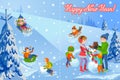 Vector illustration of new year congratulation card with winter landscape happy family