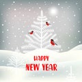 New Year greeting card with cute character. Background with bullfinch, christmas trees, landscape and snowfall