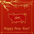Vector illustration New Year greeting card with golden pig on red background. Happy New Year 2019. Chinese New Year Royalty Free Stock Photo