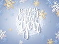 Vector illustration of new year party greetings card with hand lettering label - happy new year - with stars, sparkles