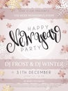 Vector illustration of new year party poster with hand lettering label - happy new year - with stars, sparkles