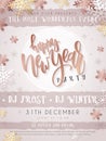 Vector illustration of new year party poster with hand lettering label - happy new year - with stars, sparkles