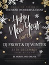 Vector illustration of new year party poster with hand lettering label - happy new year - with stars, sparkles