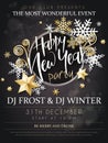 Vector illustration of new year party poster with hand lettering label - happy new year - with stars, sparkles
