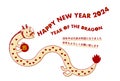 Vector illustration of 2024 New Year\'s card. Heart pattern cute dragon. Curvy letter design.