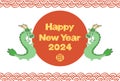 Vector illustration of 2024 New Year\'s card. Two cute dragons on either side of the red circle.