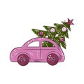 Vector illustration. New Year theme, Christmas tree delivery home. Stylish pink car with a Christmas tree . Minimalism, View fr
