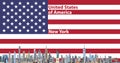 Vector illustration of New York city skyline with flag of United States of America on background Royalty Free Stock Photo