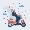 Vector illustration of The newlyweds on a moped. Happy married couple. Man and woman riding scooter together.Romantic Royalty Free Stock Photo