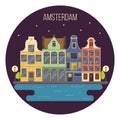 Vector illustration of night Amsterdam cityscape
