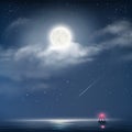 Vector illustration of night cloudy sky with stars, moon and sea with beacon