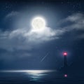 Vector illustration of night cloudy sky with stars, moon and sea with lighthouse Royalty Free Stock Photo