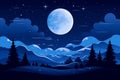 vector illustration of a night landscape with a full moon and snow-covered mountains Royalty Free Stock Photo