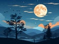 vector illustration of night landscape with full moon trees and birds Royalty Free Stock Photo