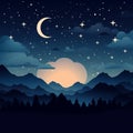 vector illustration of night landscape with mountains stars and moon