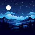 vector illustration of night landscape with mountains trees and stars Royalty Free Stock Photo