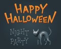 Black spooky cat and greeting Happy Halloween text