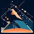 Vector illustration of a night sky with mountains, stars and a tent. AI Generated