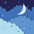 Vector illustration of night sky with stars, clouds and moon. Royalty Free Stock Photo