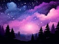 vector illustration of night sky with stars clouds and pine trees Royalty Free Stock Photo