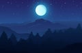 Vector illustration of night time nature landscape in the forest with a Mountain, Full moon and a Starry sky Royalty Free Stock Photo