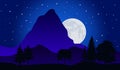 Vector illustration of night time nature landscape in the forest with a Mountain, Full moon and a Starry sky