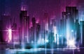 Vector illustration of night urban city landscape. Big modern city with skyscrapers in night time with lights Royalty Free Stock Photo