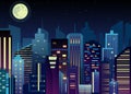 Vector illustration of night urban city landscape. Big modern city with skyscrapers in night time with lights in Royalty Free Stock Photo