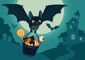 Vector illustration of nighttime Halloween scene, cute bat flying with bucket full of candy, with full moon, haunted house, fores Royalty Free Stock Photo