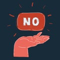 Vector illustration of No on human hand on dark backround.