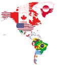 Vector illustration of North and South America map with country names and flags of countries Royalty Free Stock Photo