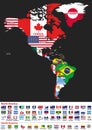 Vector illustration of North and South America map with country names and flags of countries Royalty Free Stock Photo