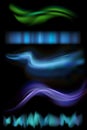 Vector illustration of northern aurora lights strips. Set of rare natural lighting phenomenon aurora borealis on black