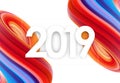 Vector illustration: Number of 2019 with colorful abstract fluid shape. Trendy design. Royalty Free Stock Photo