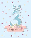 Vector illustration with number Three, Bunny ears and floral wreath.