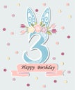 Vector illustration with number Three, Bunny ears and floral wreath